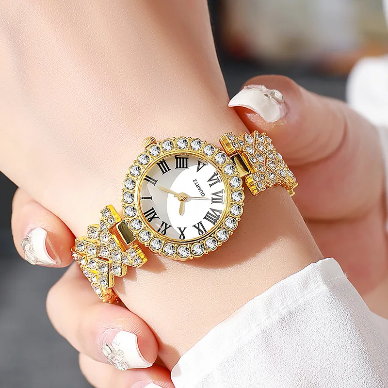 Fashion Starry Sky Diamond Women Stainless Steel Gold Color Quartz Watch & Diamond Bracelet