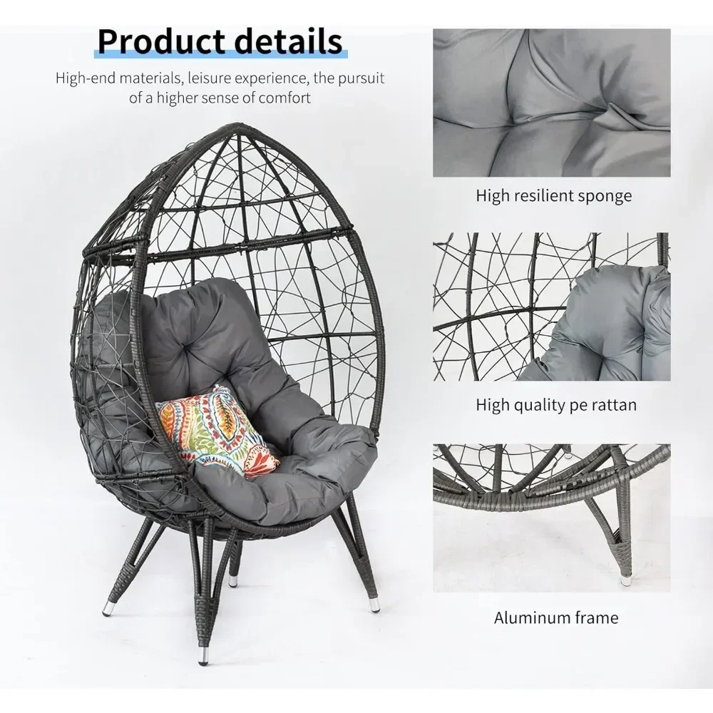 Outdoor Terrace Wicker Egg Chair, Outdoor Basket Style Wicker Chair with Gray Cushion Capacity 30Dx39.37Wx12.75H