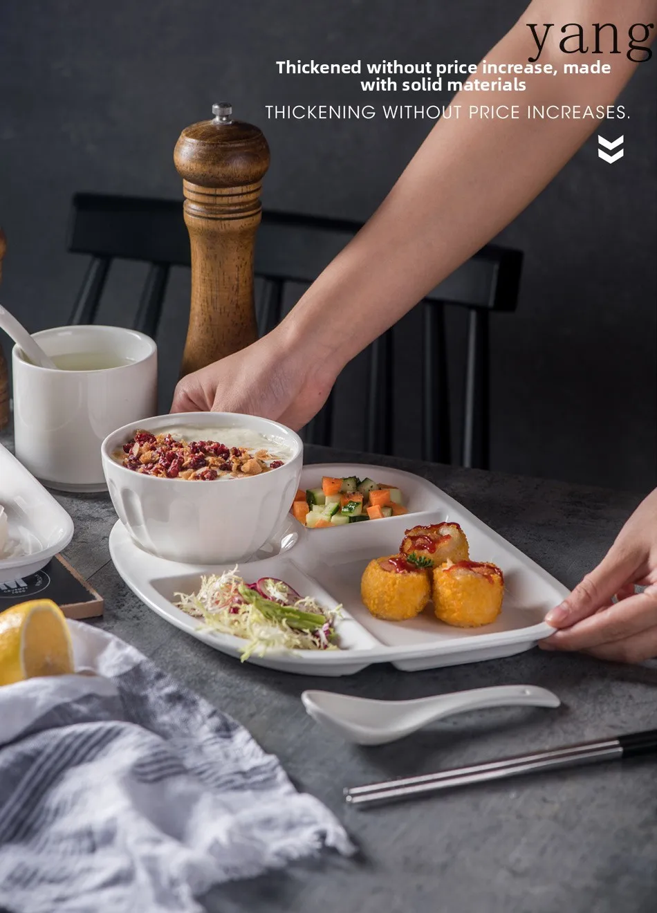 LMM solid color square ceramic plate multi-grid breakfast sharing plate set