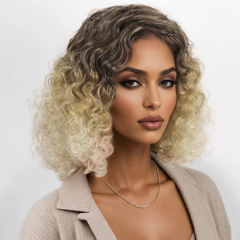 Small Curly Hair, European and American Women's Gradient Color, Golden Fluffy Short Roll Synthetic Fiber Wig