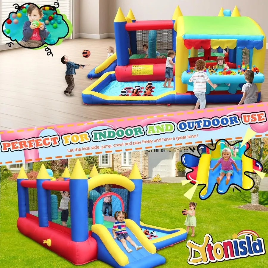 Casa rimbalzante gonfiabile con scivolo 13,42x10,5x6,07FT Castello gonfiabile con ventilatore Supporto per mercato giocattolo TictacToe Area di salto Basketba