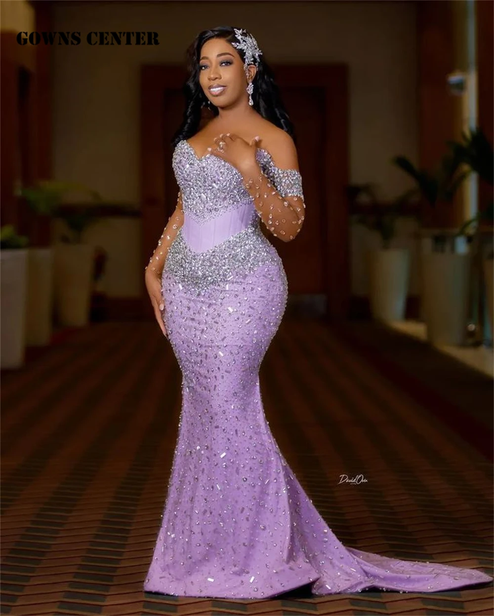 Lilac Off Shoulder Sliver Crystal Beaded Three Quarter Sleeve Aso Ebi Evening Dresses Party Wedding Mermaid African Customized