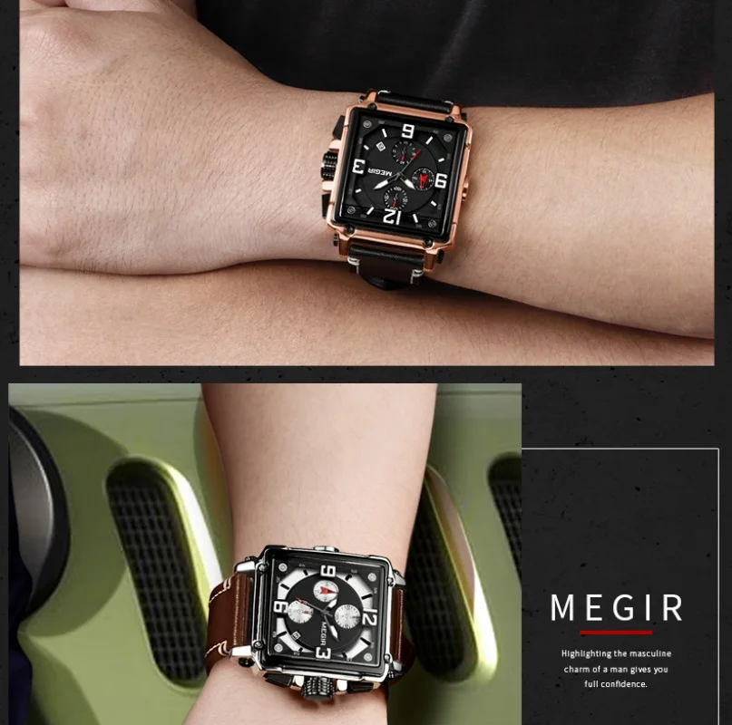 New Megir Brand Watch Retro Fashion Square Multi-Function Calendar Genuine Leather Men's Quartz Watch