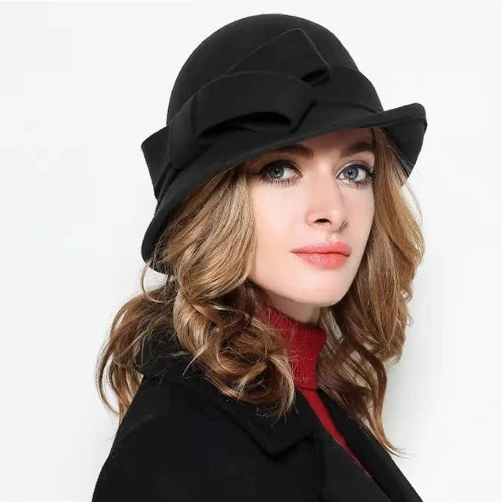 

Vintage Felt Wool Bucket Hat Bow Flat-top Panama Hat Hepburn Style Cloche Fedora Cap Black Topper Hat Funeral