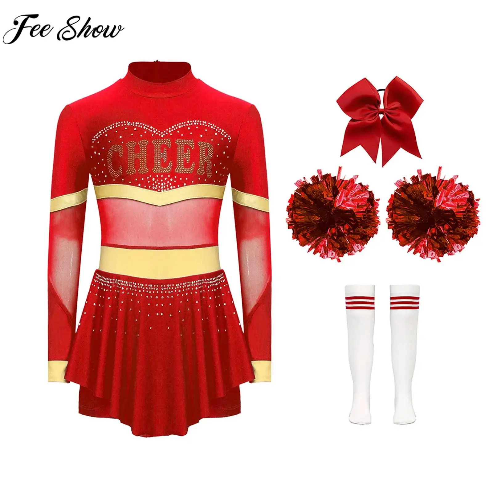 Children Girls Cheerleading Dance Outfit Halloween Carnival Sports Meeting Costume Leotard Dress with Hand Flower Hair Tie Socks