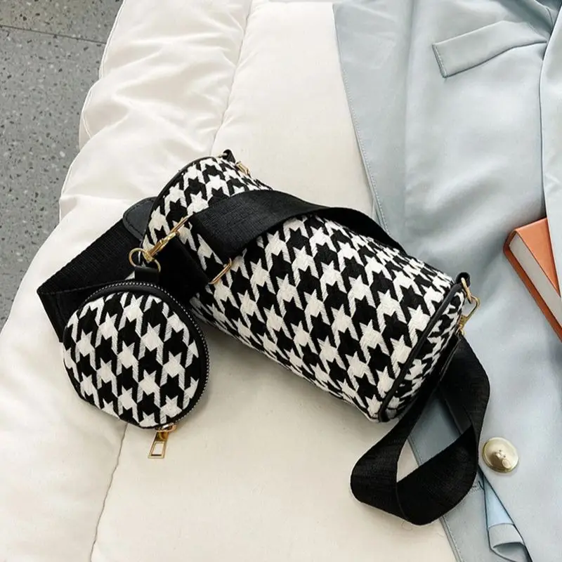 Fashion Houndstooth Plaid Printing Shoulder Bags With Mini Round Purse Women Casual Small Crossbody Bags 2pcs Composite Bags