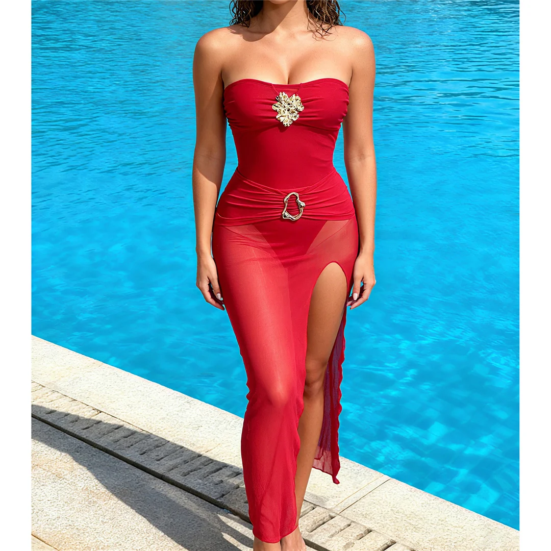 S - XXL, mit Rock, Bandeau-Design, mit Metallring, einteiliger Badeanzug, Damen-Badebekleidung, Damen-Monokini, gepolsterter Badeanzug, Badebekleidung, Badeanzug V7476. – Detail 3