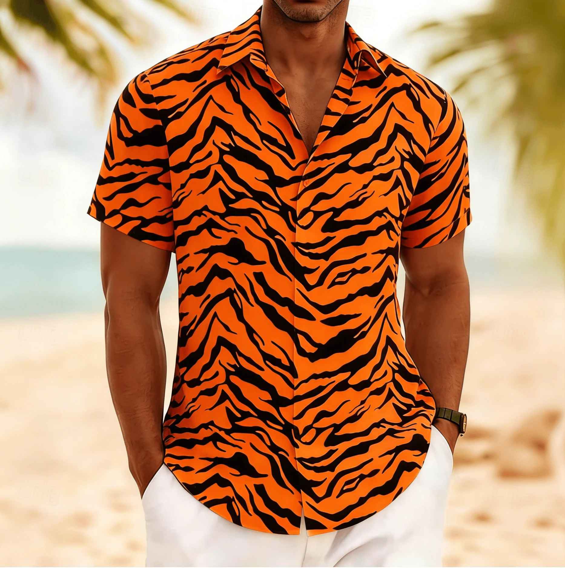 Men's Tiger Stripe Retro Style Short Sleeve Shirt, Spring Summer Edgy Casual Vacation Blouse, Loose Casual Top