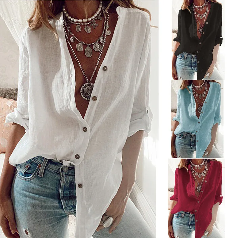

Women's Loose Long Sleeve Shirt V-Neck Cotton Pure Color Shirt Roll up Sleeve Workwear Style Spring 2023 Chinese Origin