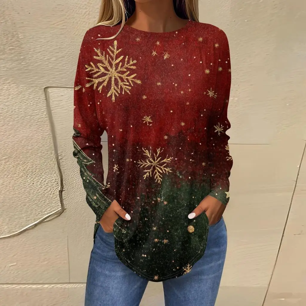 

Рождественская ограниченная серия, женская футболка с 3D градиентом снежинки, рождественский цветной принт, футболка с длинными рукавами и круглым вырезом, топ с длинными рукавами