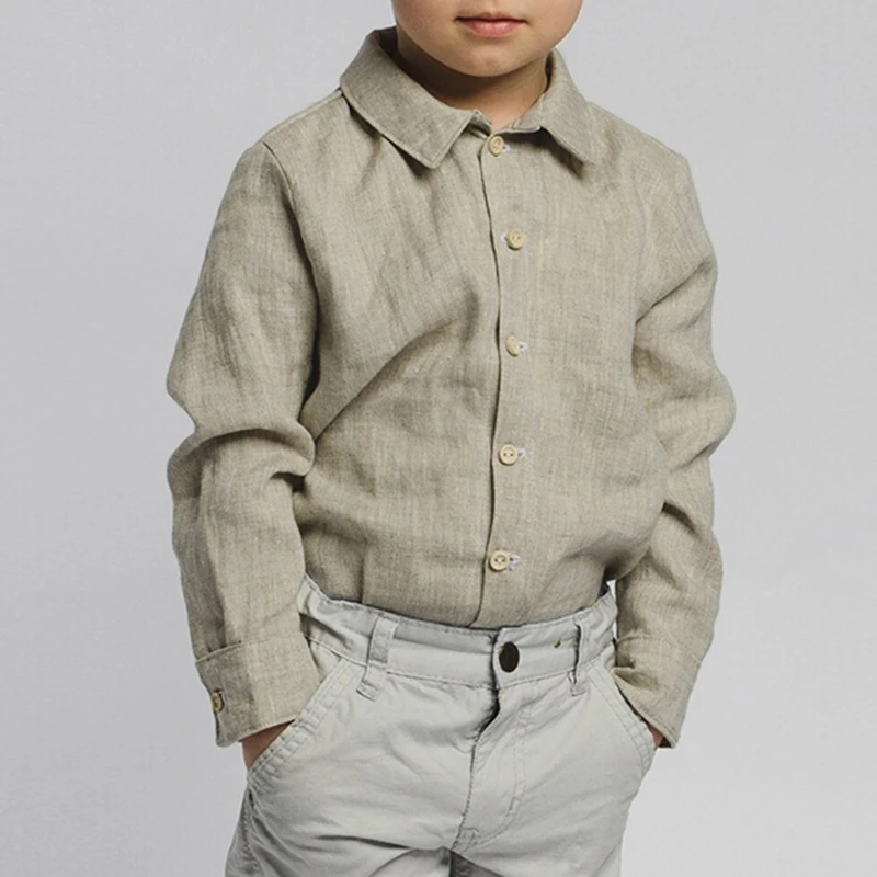 

Children's Cotton Linen Shirt Solid Color Retro Green Lapel Long Sleeved Single Breasted Casual Boys' Linen Shirts 아동상의