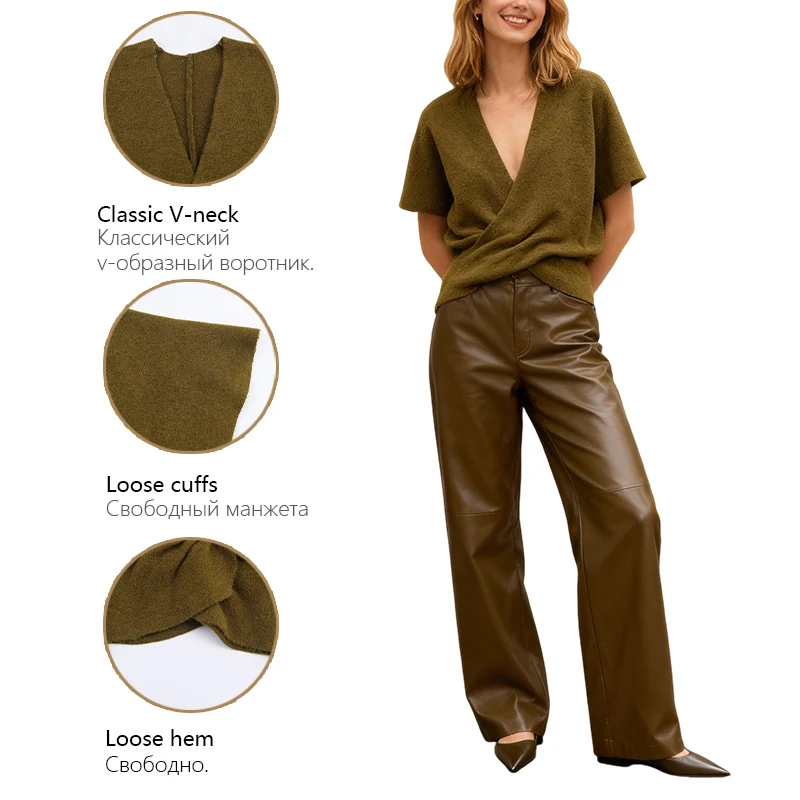 Haut en tricot noué pour femmes, col en V, manches courtes, Design Unique, adapté au travail ou aux vêtements décontractés, haut ajusté flatteur, automne