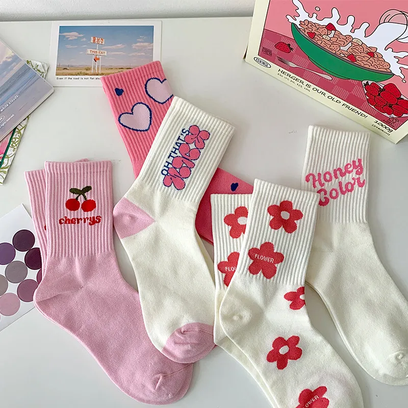 5Pairs Women Cartoon Printed Mid Tube Socks Fashionable Letters Small Flower Pink Cherry Heart Soft Comfortable Casual Summer