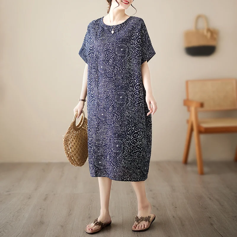 #3438 Retro Cotton And Linen Dress Women Pockets Loose Midi Dress Female Short Sleeve O-neck Vintage Long T-shirt Dresses Ladies