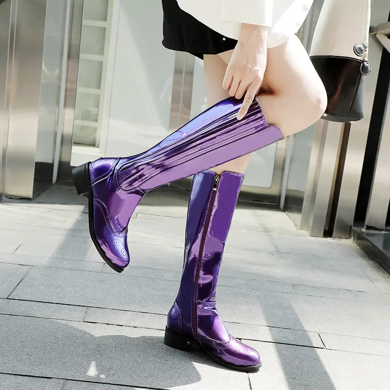 2024 New Winter Patent Leather Women Boots Warm Plush Knee-high Zipper Boots Riding Woman Boots Shoes Purple Black Platform Boot