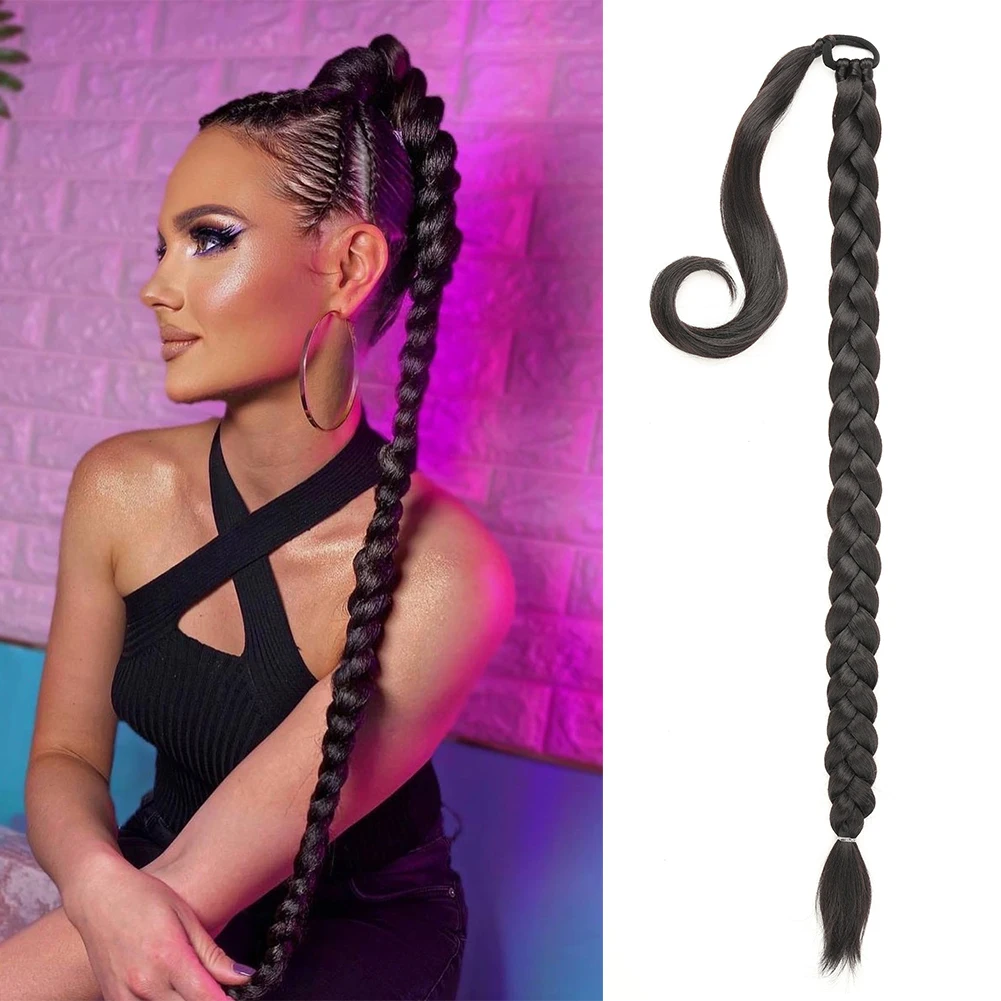 Extension de queue de cheval tressée synthétique longue avec attache de cheveux Extensions de cheveux droites à enrouler 30 pouces queue de cheval douce naturelle