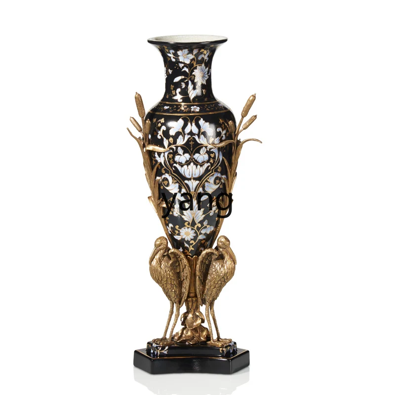 Yjq Vintage Black Gold Outline Ceramics with Copper Flower Arrangement Ornaments Home Creative Decoration Vase Decoration