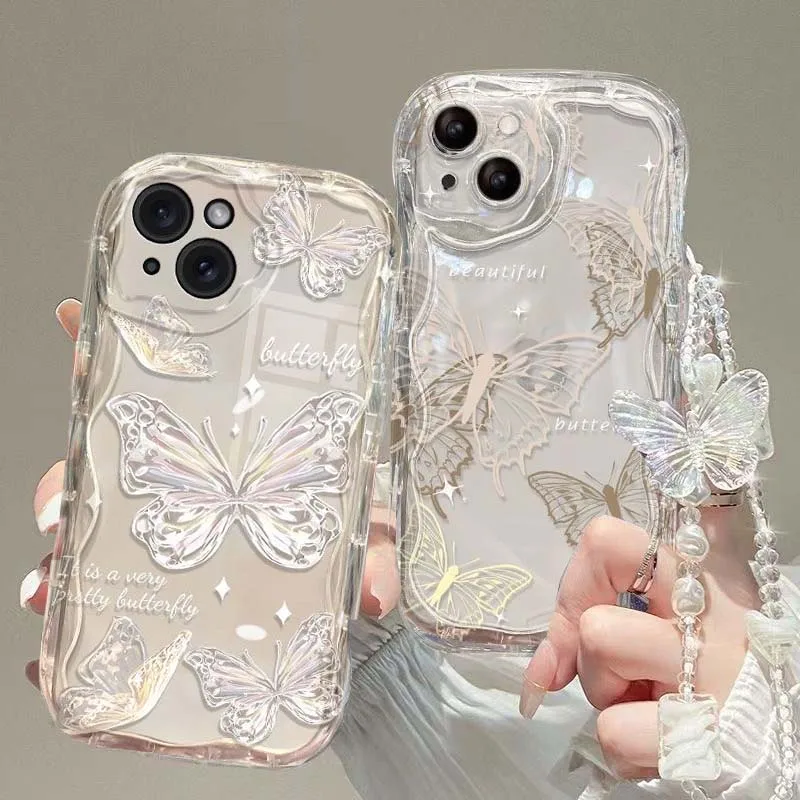 

Korean 3D Butterfly Bracelet Chain Phone Case for IPhone 15 16 Pro Max 14 11 13 12 Mini XR 8 7 Plus XS SE 2022 Wavy Clear Cover