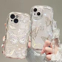 Funda de teléfono con pulsera de mariposa 3D coreana, carcasa transparente ondulada para IPhone 15, 16 Pro Max, 14, 11, 13, 12 Mini, XR, 8, 7 Plus, XS, SE, 2022