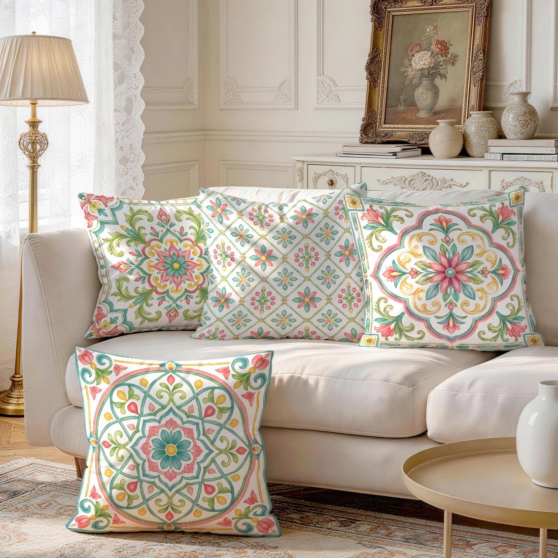 1pcs/4pcs Mediterranean Floral Tile Cushions Pillowcase Polyester Cushion Cover Throw Pillow Pillowcover Home Car Sofa Decor