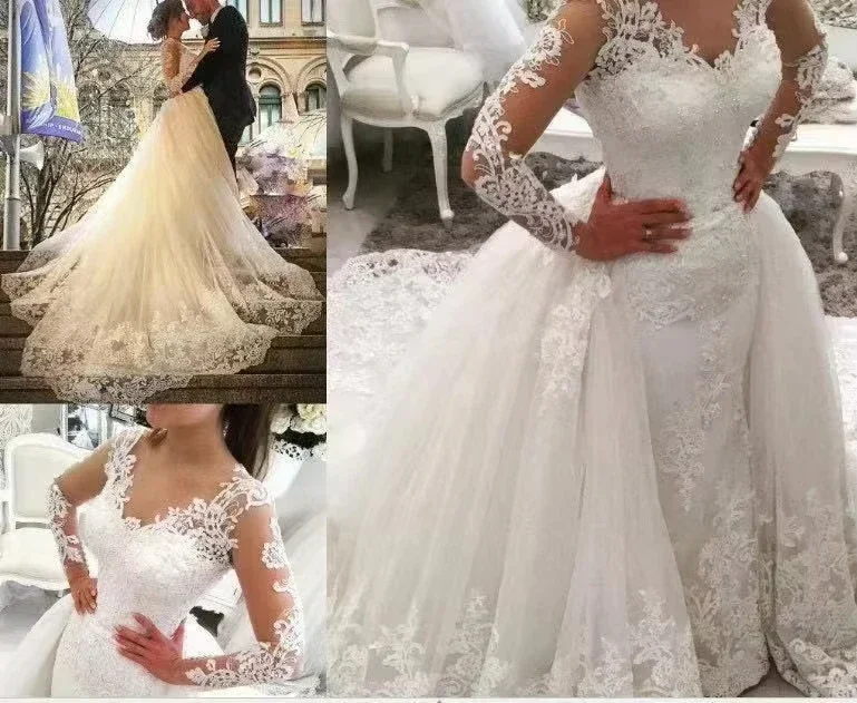 Vestido De novia personalizado, Vestido De novia De encaje De manga larga De tul, Vestido De novia De alta calidad