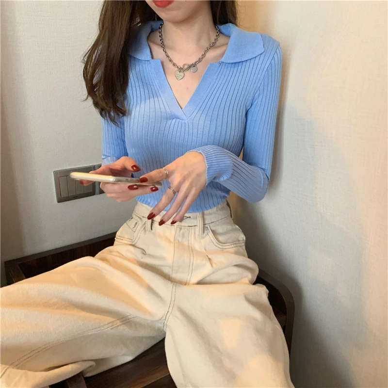 

Casual Knitted Sweater Pullover Basic V Neck Long Sleeve Slim Fit T-shirt Female Autumn Winter Jumpers Top Y2K Women Clothes