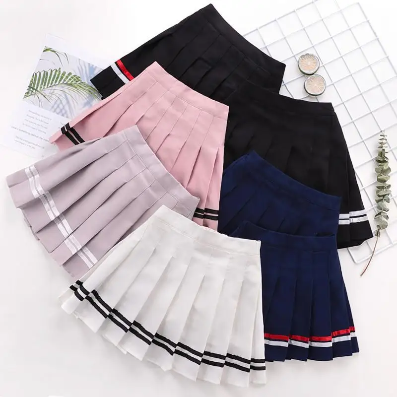 Japanese School Style High Waist Pleated Skirt Women Spring Summer Blue A-Line Uniform Mini Skirt Preppy Sailor Style Mini Skirt