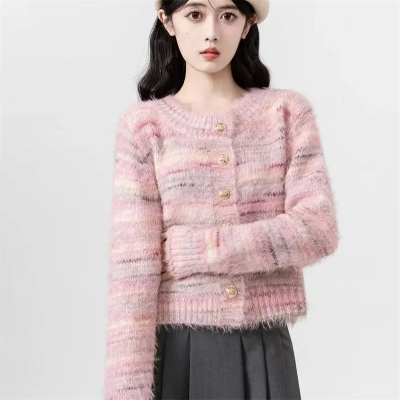 

Autumn Winter Pink O-Neck Knitted Sweater Women Coat 2025 New Long Sleeves Short Knitwear cardigan Female Loose Outwear B1306