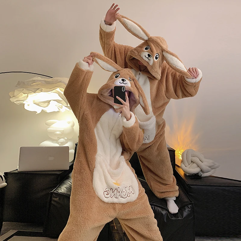 kangaroo Couples Pajamas Jumpsuits Women Men Adult Winter Thicken Hooded Pyjamas Sleepwear Korean Loose Onesie Soft Warm Home