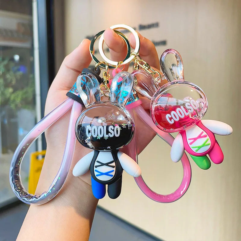 Cartoon Binding Rope Rabbit Liquid Keychain Cute Floating Quicksand Glitter Bunny Keyring Couple Bag Pendant Key Chain Ornaments