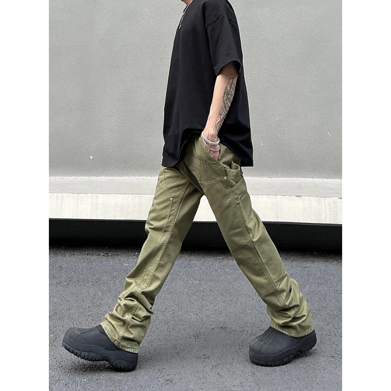 Retro logging pants for men in autumn/winter with plush trendy brand loose straight leg double knee grip open front casual pants