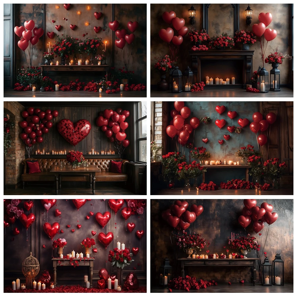 February 14 Valentine's Day Backdrop Retro Wall Red Love Heart Balloon Fireplace Candles Wedding Photography Background Decor