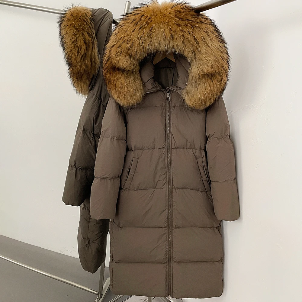Women's Long Down Jacket with Natural Fur Collar Winter Warm Hooded Slim Fit Coat Lightweight Thermal Windproof Outdoor Overcoat view 4
