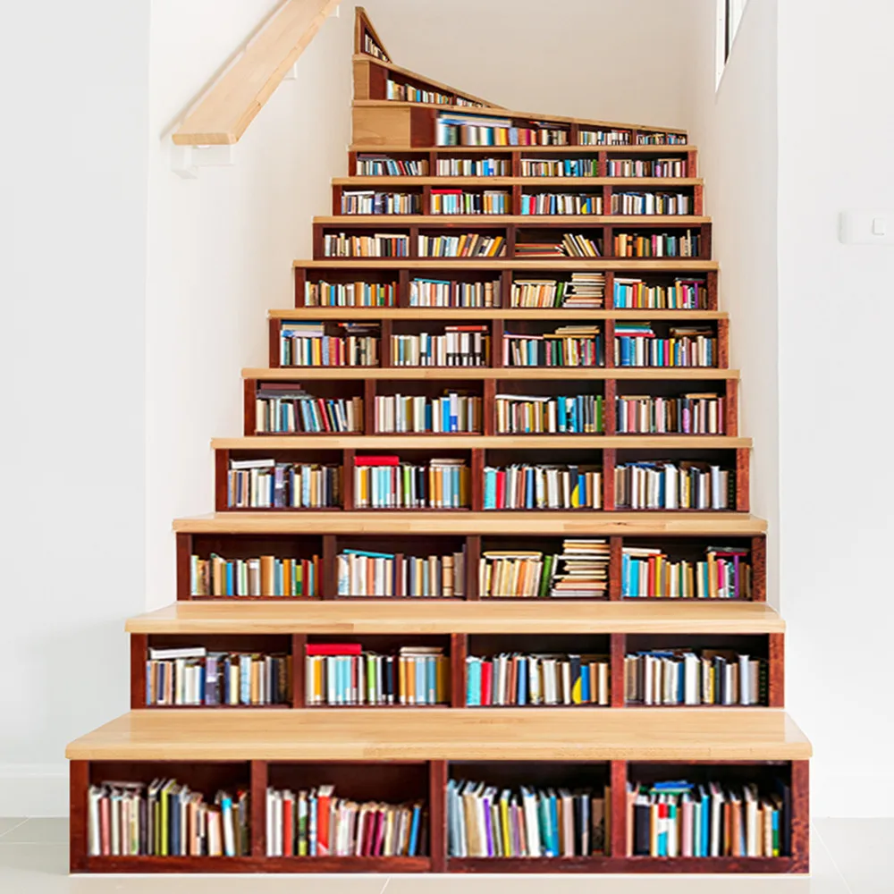 Realistic Wooden Bookcase Stair Riser Stickers 100x18cm Self‑Adhesive Vinyl Decals Vintage Library DIY Home Staircase Wall Decor