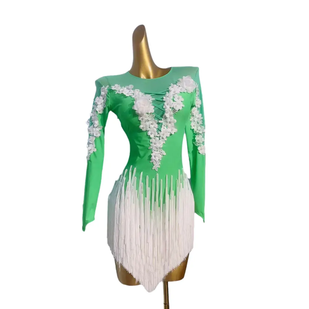 

Latin Dance International Stage Women's High-end Custom Green Mesh White Flower Samba Rhinestone Performance Costume dress