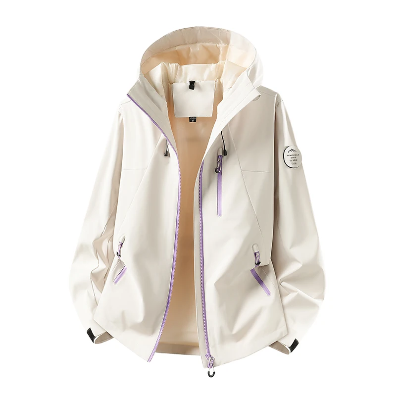 Fashion Light Blue Short Outdoor Jacket Women Round Arm Badge Adjustable Hood Waterproof Windbreaker Multi Pocket Hiking Camping