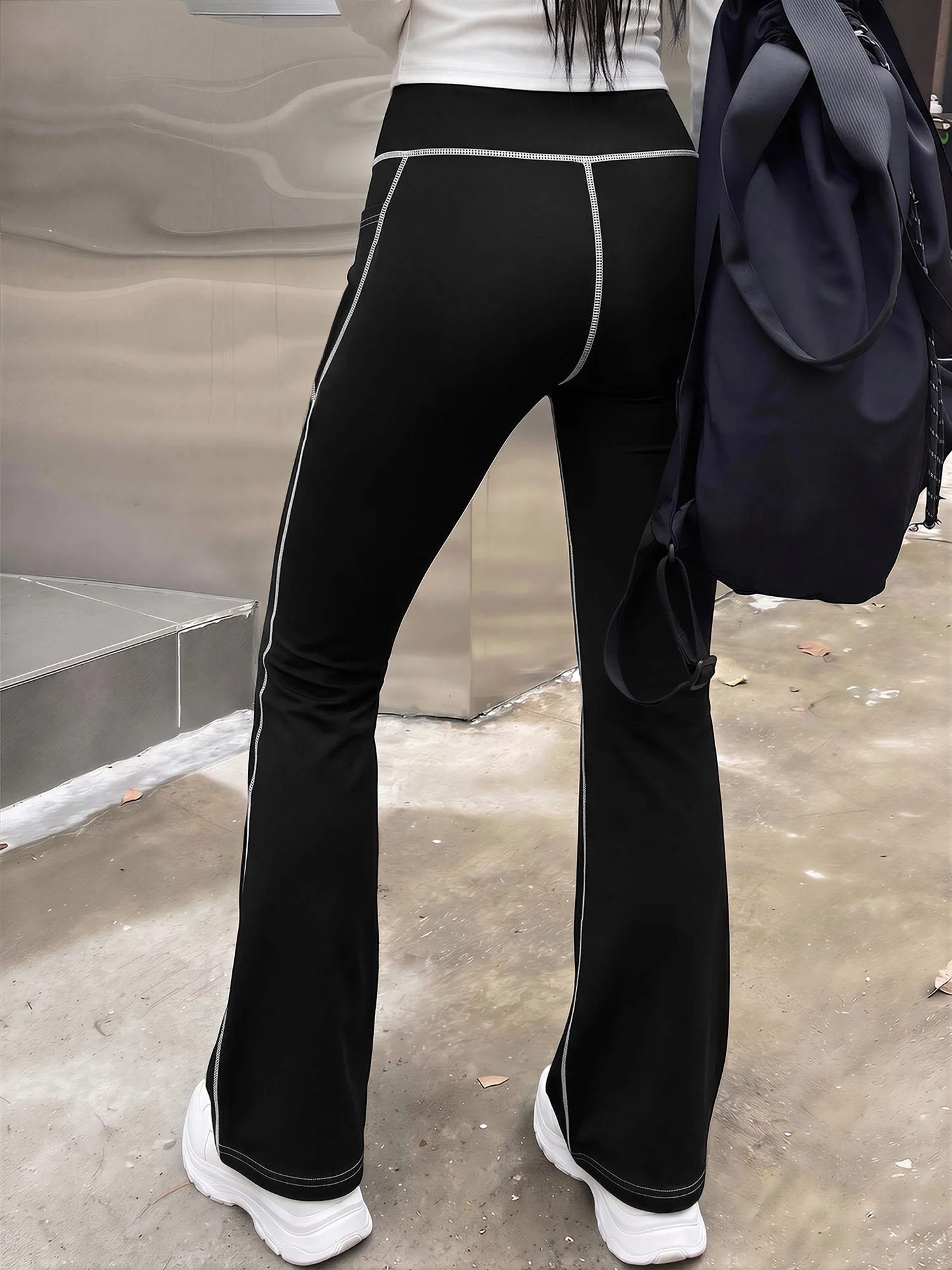 High Waist Slim Bootcut Casual Pants White Contrast Stitch Flare Leg Stretch Side Pocket Office Street Pants