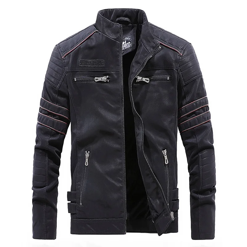 

Men's Fleece Stand Collar Multi Pocket Leather Jacket with Thickened PU Leather Work Clothes Outdoor Motorcycle Riding Clothes