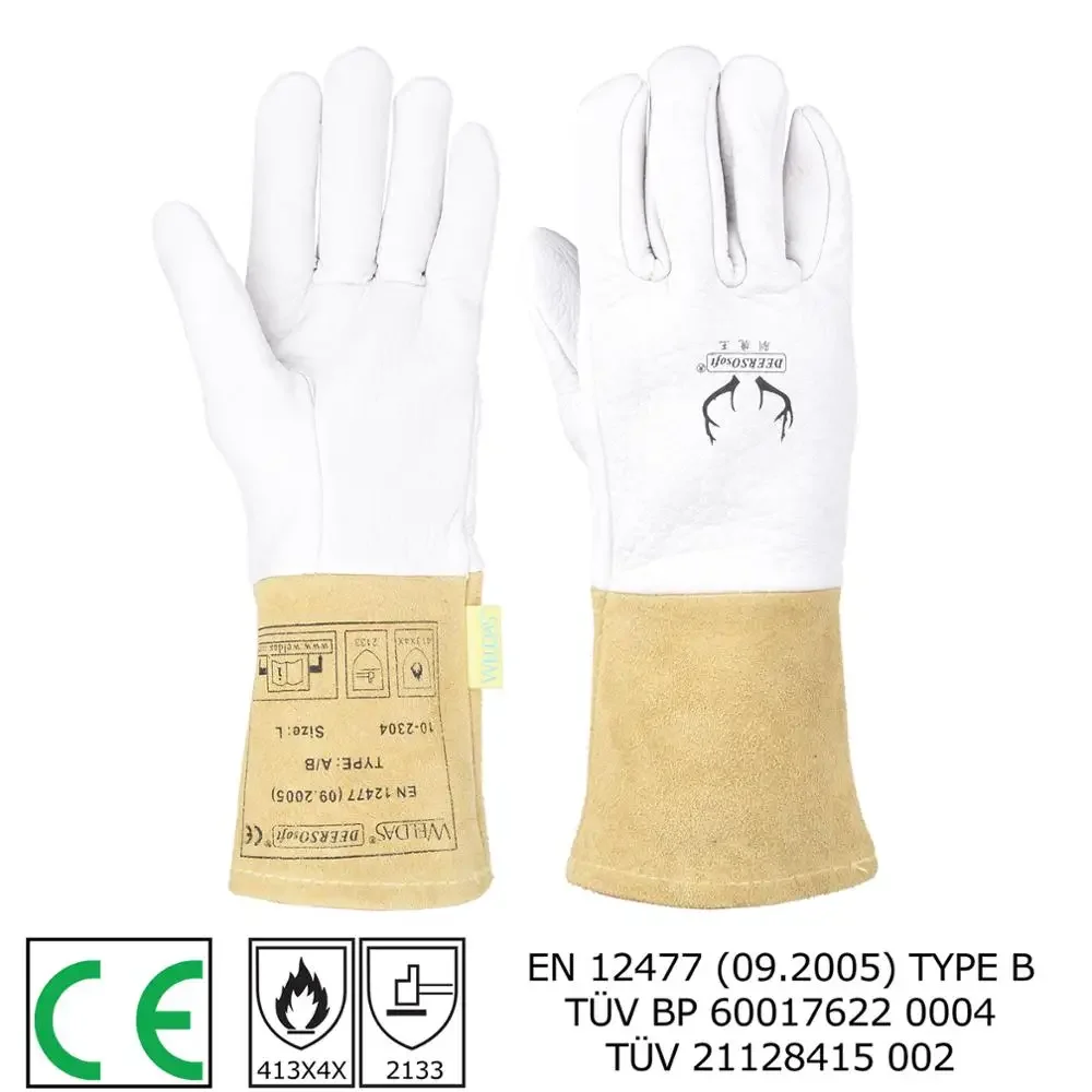 

Pair TIG Welding Gloves 32cm(12.6") Deerskin Palm Cowhide Cuff Super Soft Sensitive Gloves CE Certificated WELDAS High Quality