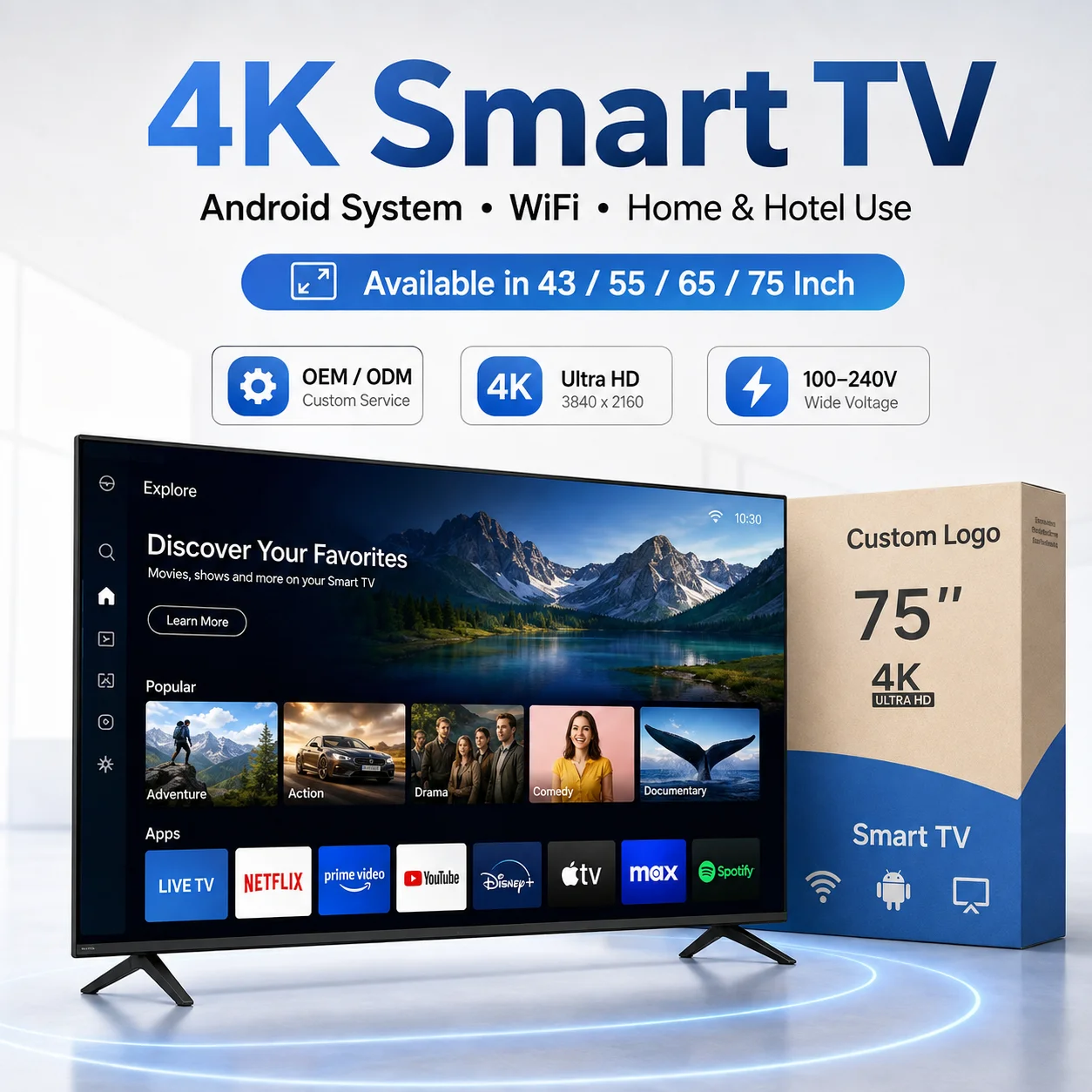 Smart Android TV 43 55 65 75 Inch LED LCD Television 4K UHD WiFi Full HD Home Hotel TV HDMI USB Voice Remote