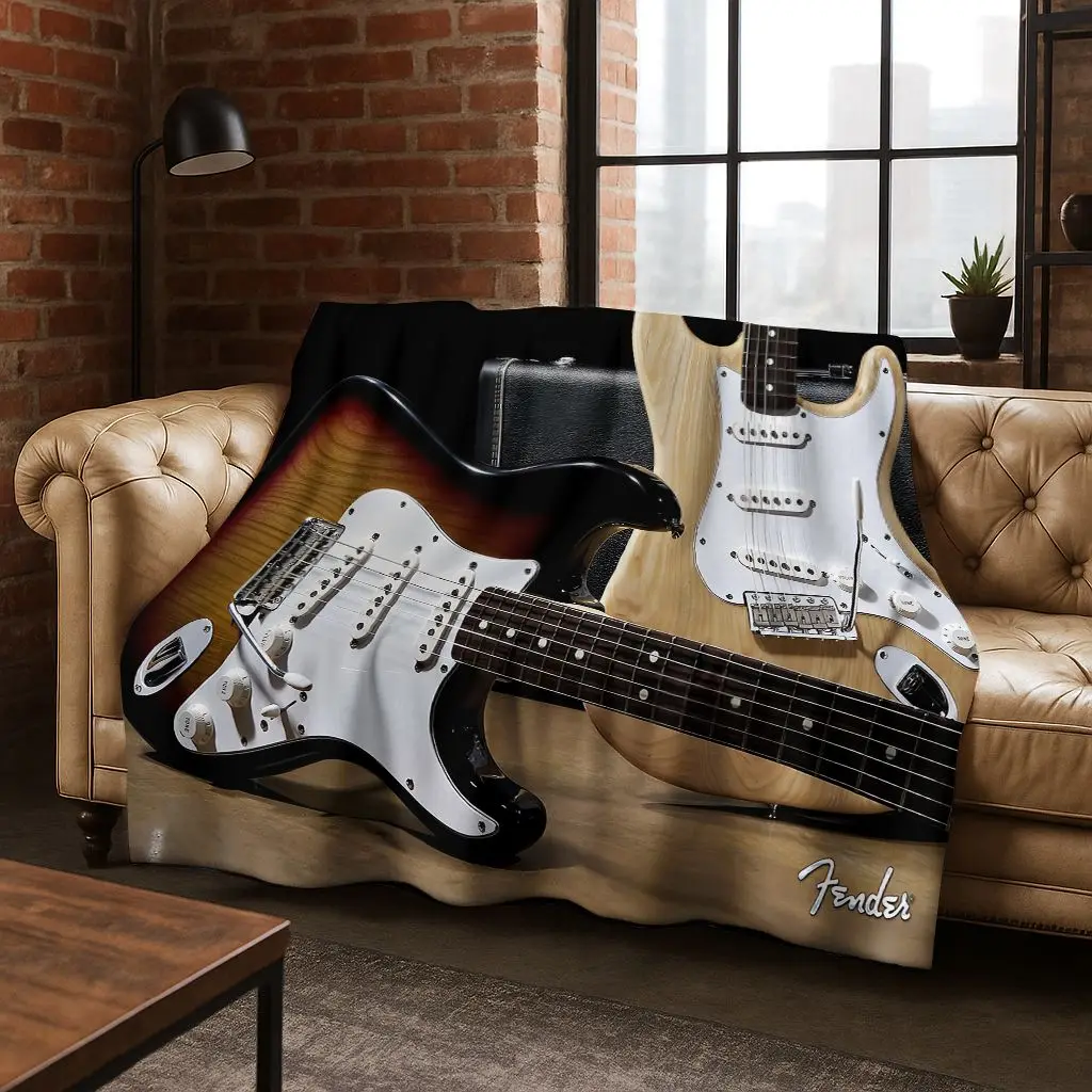 Fashion Fender Logo Guitar Music Instruments Art Flannel Blanket Cozy Soft Throw Blanket Home Bedroom Bed Sofa Cover Gift