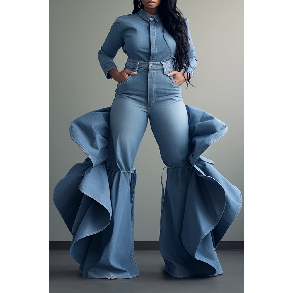 Plus Size Work Jeans Blue Denim High Waist Side Ruffles Flare Leg Jeans