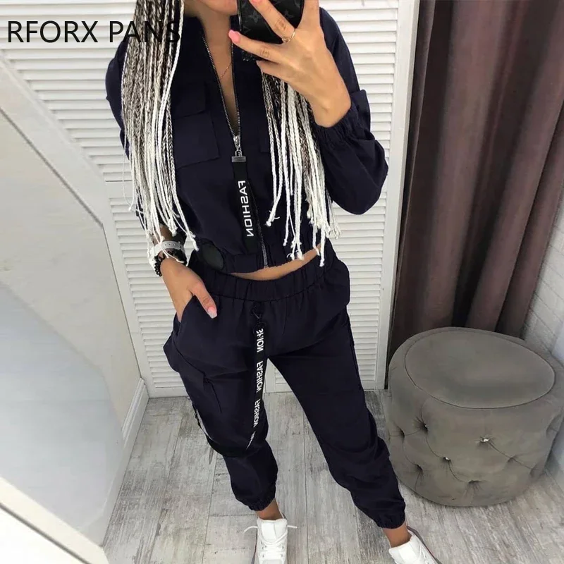 Women Soild Pockets Zipper Design Ruched Coat & Cargo Pants Sets Casual Women Sets