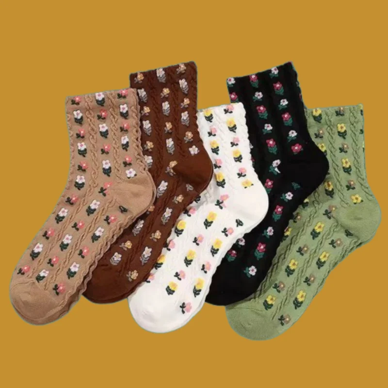 

5/10 Pairs Lace Embossed Breathable Autumn Mid-tube Women's Socks Non-slip Socks Women's New 2024 Three-dimensional Flower Socks