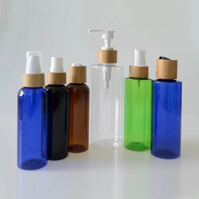 cosmetic packaging container 100ml 8oz 300ml 500ml clear white plastic spray bottle with nozzle Bamboo pump cap