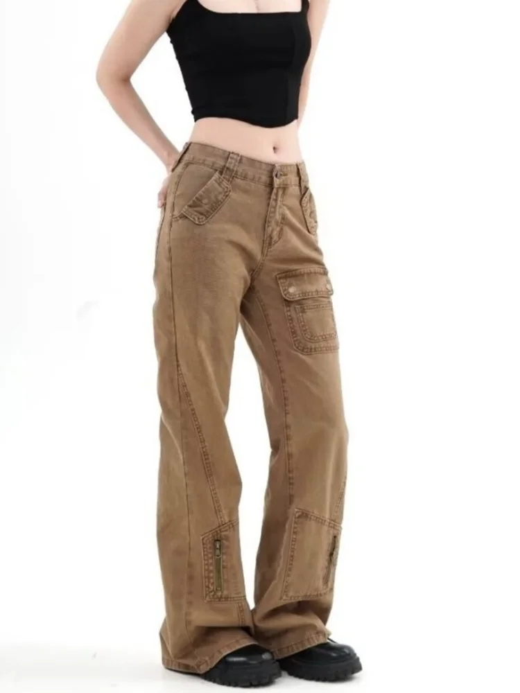 Cyber Y2K-Jean Cargo Évasé Slim avec Fermeture Éclair pour Femme, Pantalon Long Décontracté avec Poches Multiples, 2024