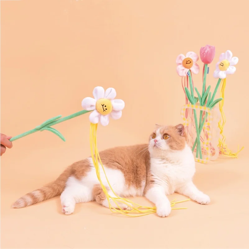 

Flower Cat Teaser Sunflowers Quatrefoil Tulip Catnip Toys Plush Chew Toys Interactive Bell Elastic Flower Wand Pet Accessories