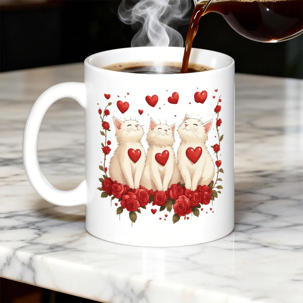 

[Home] 11oz White Kitten Heart and Rose Design Beer Mug Funny Design Cup Mother's Day Gifts Couple Style Pa