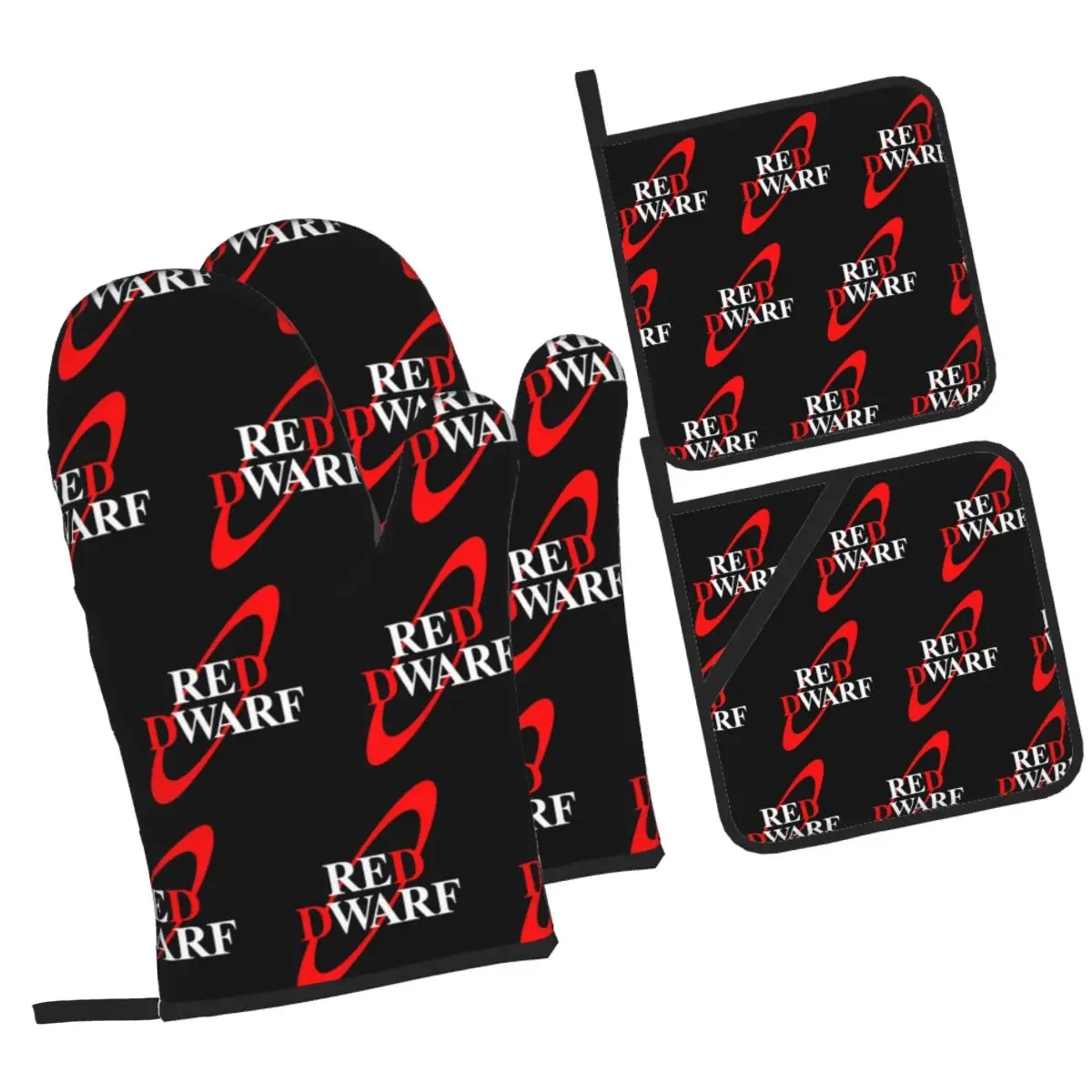 Red Dwarf Log Oven Mitts and Pot Holder Sets of 4 for Baking Kitchen Cooking Grilling Resistant Non-Slip Gloves