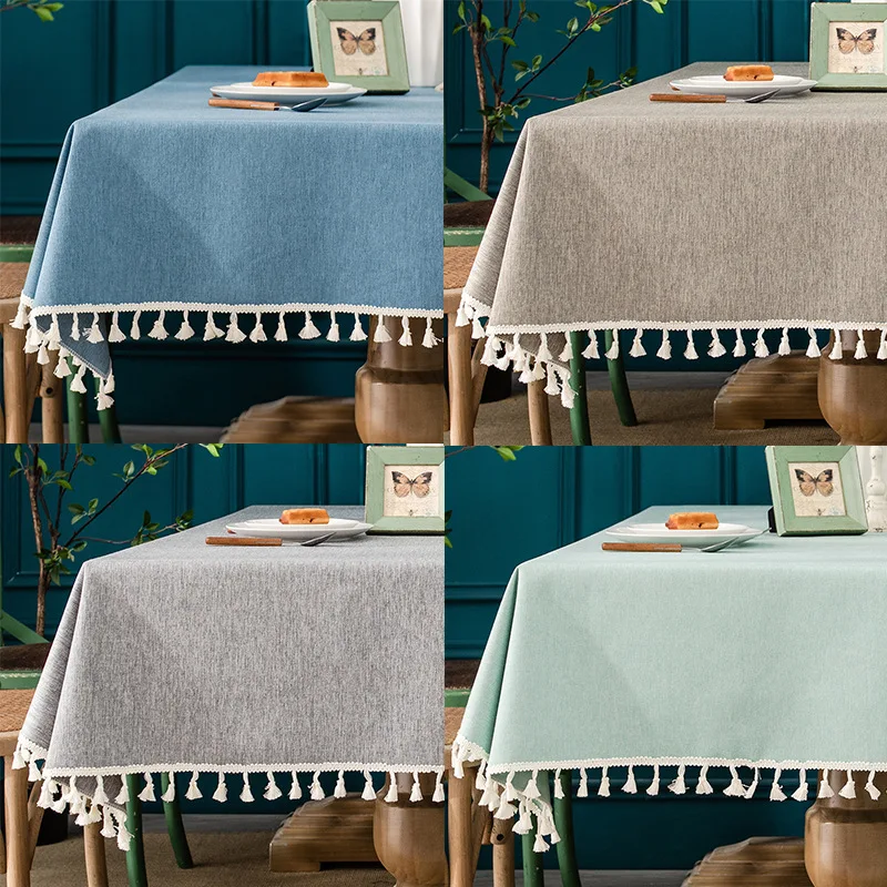 Cotton Linen Tablecloth Waterproof Oil Proof Wash Free Solid Color Meal Cloth Art Tea Table Rectangular Tassel Tablecloth